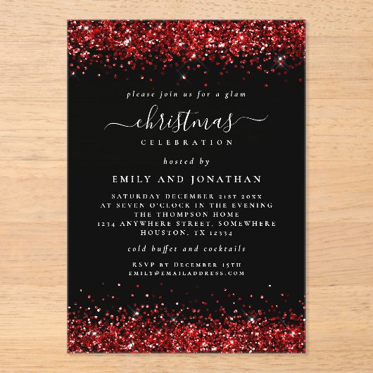 Rode Glitter Border Kerst Zwart Acryl Uitnodigingen (Voorkant)
