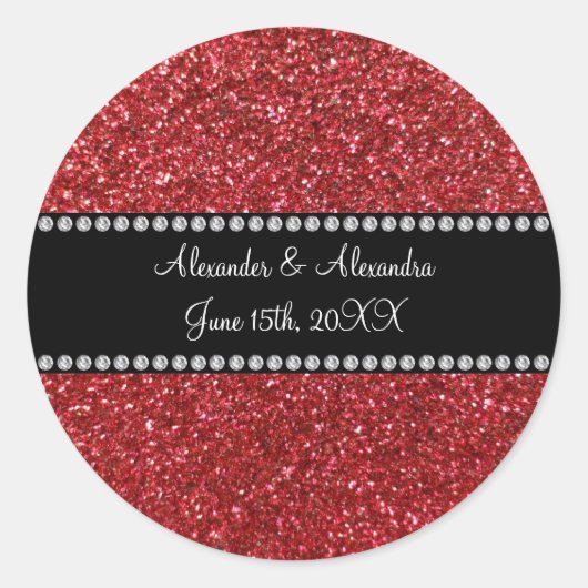Rode glitter bruiloft gunsten ronde sticker (Voorkant)