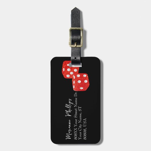 Rode Glitter Casino Dice op zwart Bagagelabel (Voorkant verticaal)