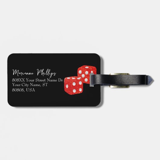 Rode Glitter Casino Dice op zwart Bagagelabel (Achterkant horizontaal)