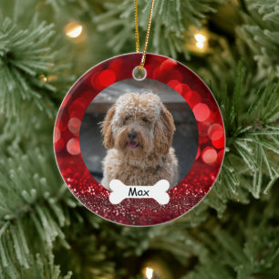 Rode Glitter Custom Huisdier Puppy Dog Foto Keramisch Ornament
