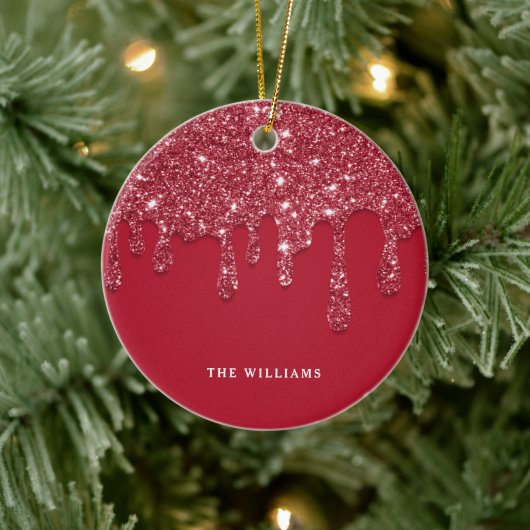 Rode Glitter Drip Aangepaste naam Keramisch Ornament (Boom)