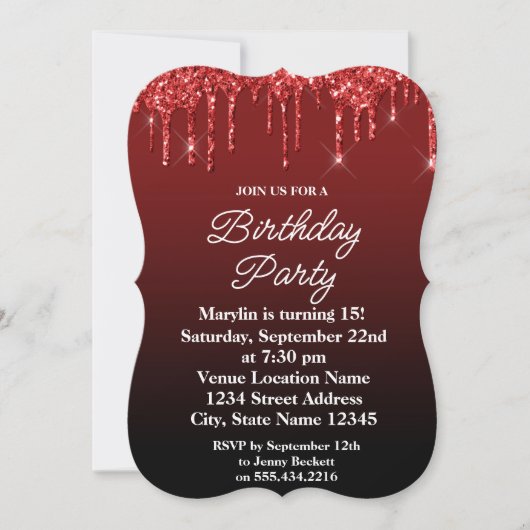 RODE GLITTER DRIP ELEGANT BIRTHDAY INVITATION KAART (Voorkant)