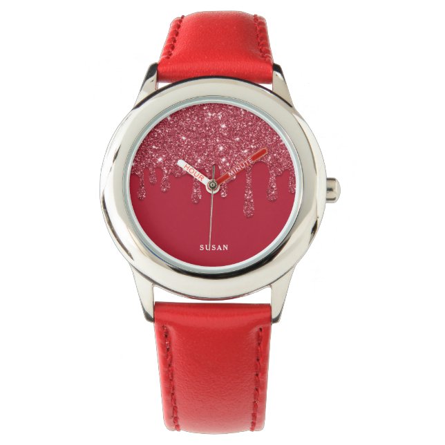 Rode Glitter Drip Gepersonaliseerde Naam Polshorlo Horloge (Voorkant)