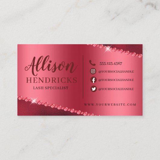 Rode glitter Drip Metallic Folie Eyelash Visitekaartje (Achterkant)