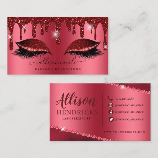 Rode glitter Drip Metallic Folie Eyelash Visitekaartje (Voorkant / Achterkant)
