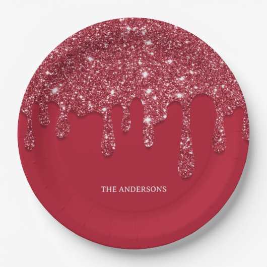 Rode Glitter Druppel Aangepaste Naam Beschikbaar Papieren Bordje (Voorkant)