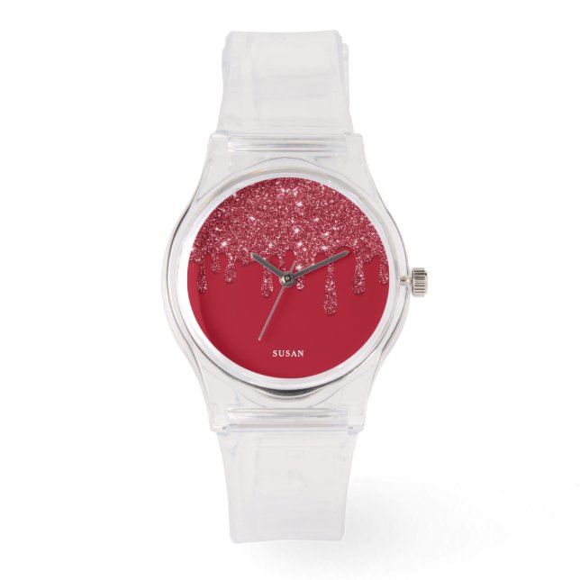 Rode Glitter Druppel Aangepaste Naam Vrouwen Clear Horloge (Voorkant)
