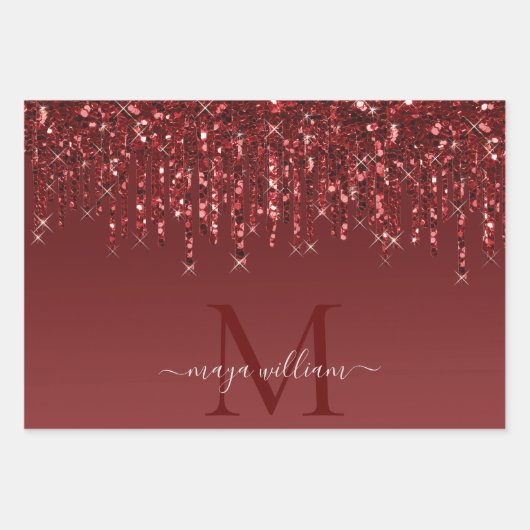 Rode Glitter druppels gepersonaliseerd monogram en Inpakpapier Vel (Voorkant 3)