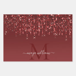 Rode Glitter druppels gepersonaliseerd monogram en Inpakpapier Vel