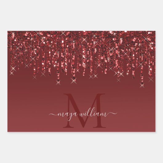 Rode Glitter druppels gepersonaliseerd monogram en Inpakpapier Vel (Voorkant)