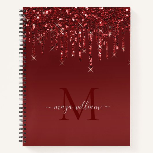 Rode Glitter druppels gepersonaliseerd monogram en Notitieboek (Voorkant)