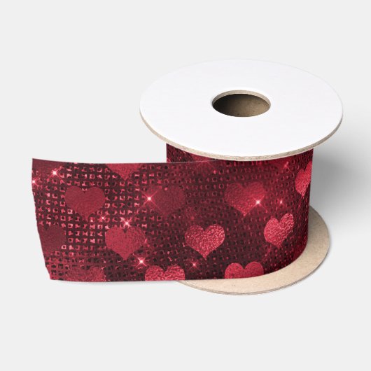 Rode Glitter Glam Harten Patroon Satijnen Lint (Spoel)