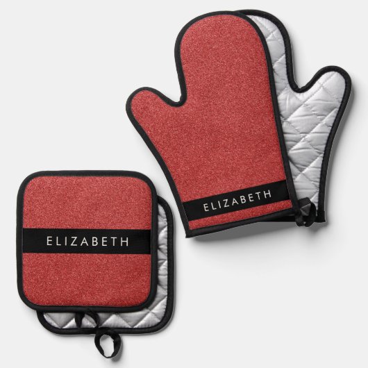 Rode Glitter, Glitter Achtergrond, Jouw naam Ovenwant & Pannenlap Set (Voorkant / Achterkant)