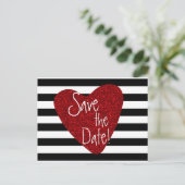 Rode Glitter Hart Zwart Wit Gestreepte Postkaart Aankondigingskaart (Staand voorkant)