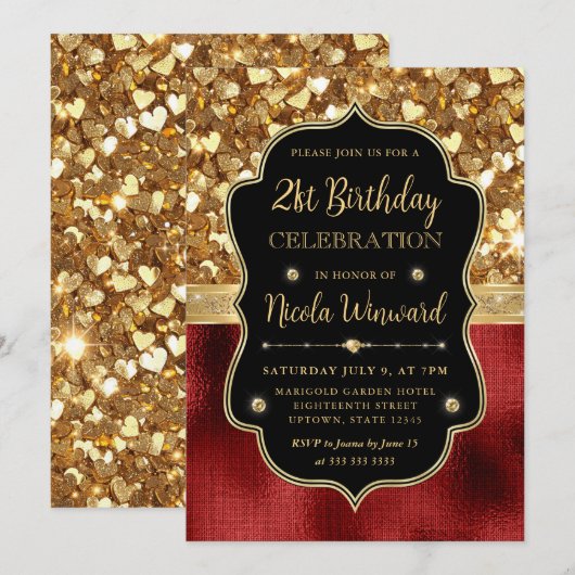 Rode Glitter Harten en Rode Folie 21e Verjaardag Kaart (Voorkant / Achterkant)
