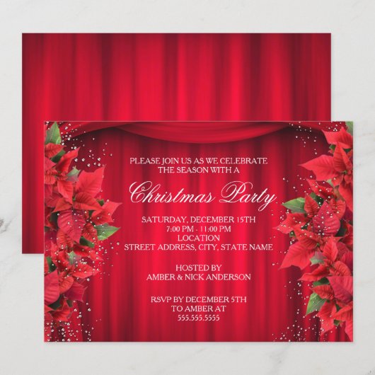 Rode Glitter Hulst Bloem Kerstfeest Uitnodiging (Voorkant / Achterkant)