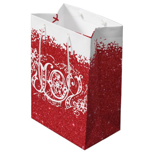 Rode glitter Joy middelgrote cadeau Medium Cadeauzakje (Achterkant Gekanteld)
