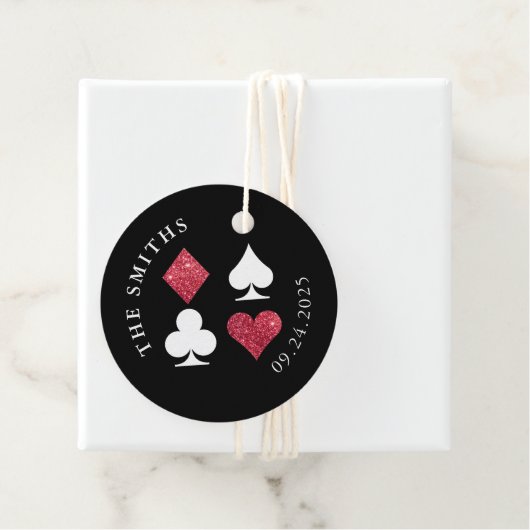 Rode Glitter Kaart Suits Bruiloft Datum en Naam Bedankjes Labels (In situ)