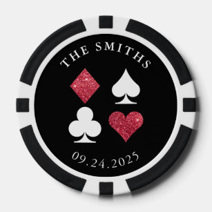 Rode Glitter Kaart Suits Bruiloft Datum en Naam Poker Chips