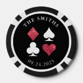 Rode Glitter Kaart Suits Bruiloft Datum en Naam Poker Chips (Achterkant)