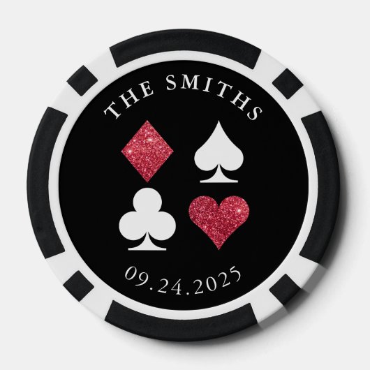 Rode Glitter Kaart Suits Bruiloft Datum en Naam Poker Chips (Achterkant)