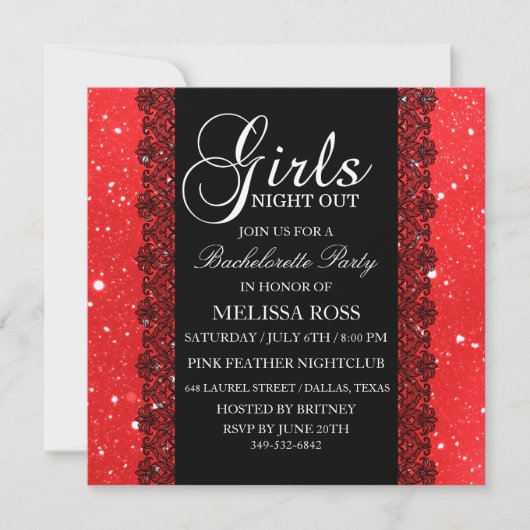 Rode Glitter/Kant Bachelorette Feest Uitnodiging (Voorkant)
