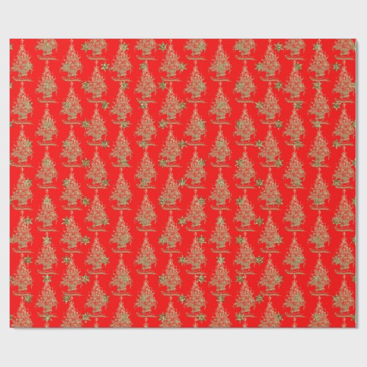 Rode glitter kerstboom cadeaupapier (Vlak)