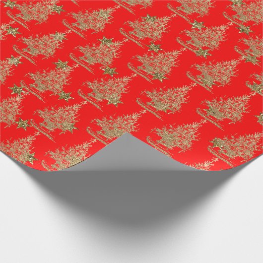 Rode glitter kerstboom cadeaupapier (Hoek)