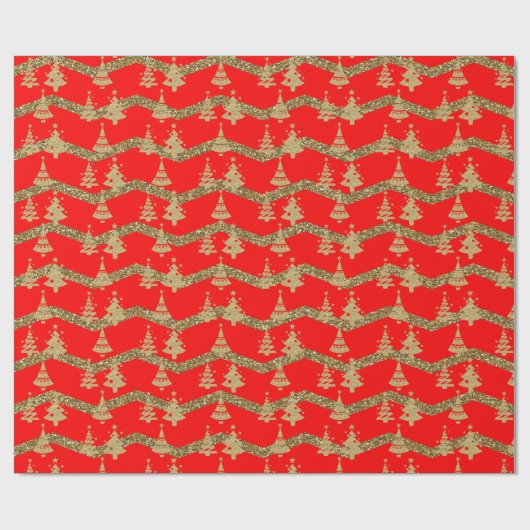 Rode glitter kerstboom cadeaupapier (Vlak)