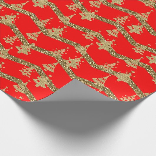 Rode glitter kerstboom cadeaupapier (Hoek)
