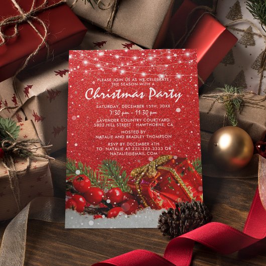 Rode Glitter Kerstvakantie Eetfeest Kaart