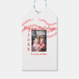 Rode glitter kinder prettige feestdagen familiefot cadeaulabel