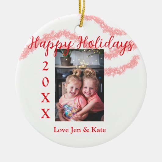 Rode glitter kinder prettige feestdagen familiefot keramisch ornament (Voorkant)