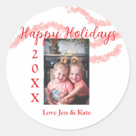 Rode glitter kinder prettige feestdagen familiefot ronde sticker