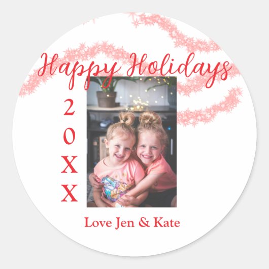 Rode glitter kinder prettige feestdagen familiefot ronde sticker (Voorkant)