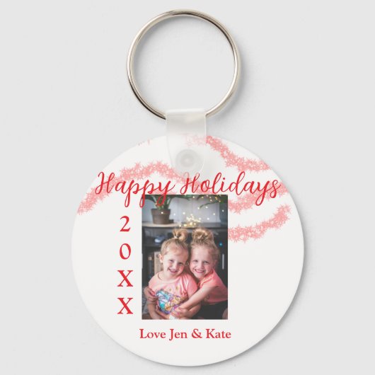 Rode glitter kinder prettige feestdagen familiefot sleutelhanger (Voorkant)