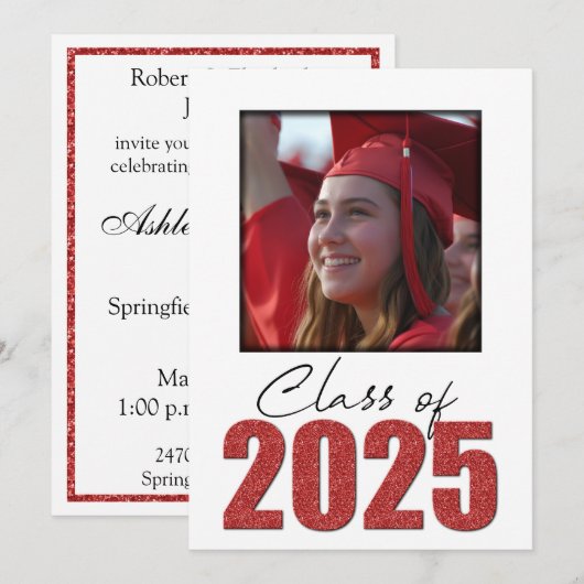 Rode Glitter Klasse van 2025 Foto Open Huis Kaart (Voorkant / Achterkant)