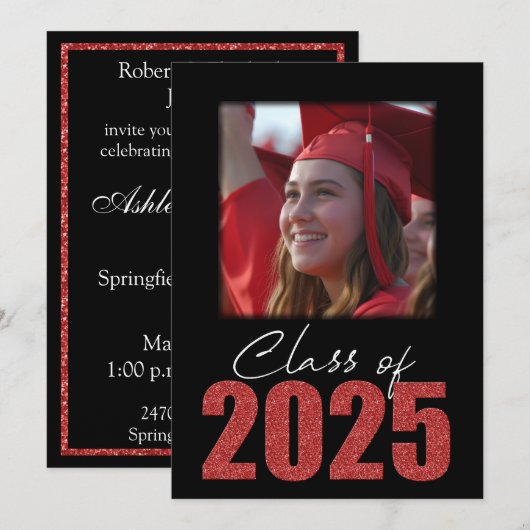 Rode Glitter Klasse van 2025 Foto Open Huis Kaart (Voorkant / Achterkant)