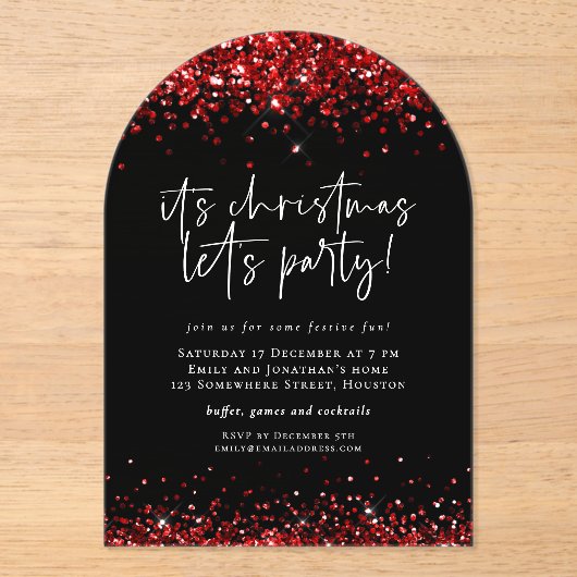 Rode glitter laat kerstfeest zwart acryl acryl uitnodigingen (Voorkant)