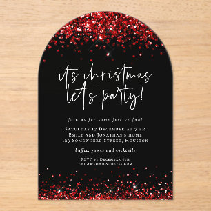 Rode glitter laat kerstfeest zwart acryl uitnodigingen