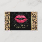 Rode Glitter Lippen Luipaard Damask Make-up Arties Visitekaartje (Voorkant)