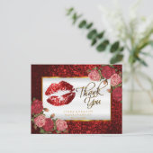 Rode Glitter Lippenstift en Rozen - Dank je Briefkaart (Staand voorkant)