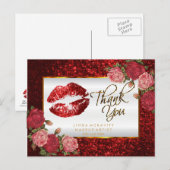 Rode Glitter Lippenstift en Rozen - Dank je Briefkaart (Voorkant / Achterkant)