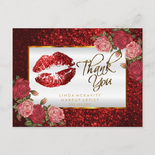 Rode Glitter Lippenstift en Rozen - Dank je Briefkaart (Voorkant)
