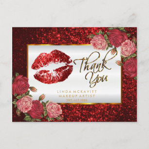 Rode Glitter Lipstick en Rozen - Dank u Briefkaart