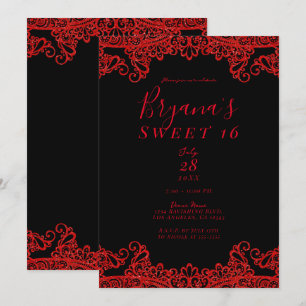 Rode Glitter Lovertjes Kant Zwart Sweet 16 Feestje Kaart