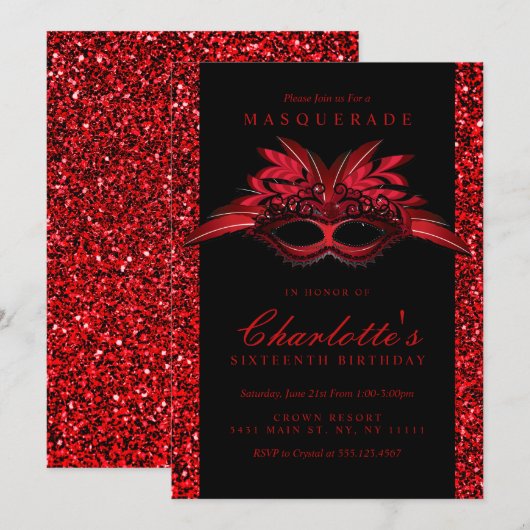 Rode Glitter Maskerade Feest Uitnodigingen (Voorkant / Achterkant)