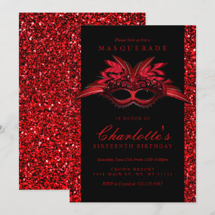 Rode Glitter Maskerade Feest Uitnodigingen