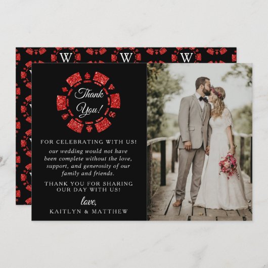 Rode Glitter Monogram Poker Chip Casino Bruiloft Bedankkaart (Voorkant / Achterkant)